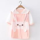 Short-sleeve Hooded Rabbit Embroidered T-shirt Pink & White - One Size