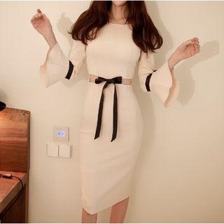 Bell-sleeve Bow-front Sheath Dress