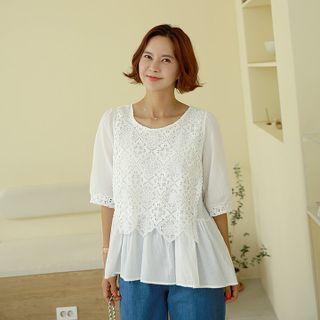 Elbow-sleeve Crochet Panel A-line Blouse Ivory - One Size