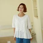 Elbow-sleeve Crochet Panel A-line Blouse Ivory - One Size