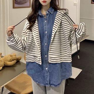 Oversized Mock Two-piece Striped Denim Shirt