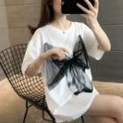 Elbow-sleeve Bow Print T-shirt