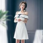 Off-shoulder Frill Bow Short-sleeve Color Block Color-block Tie-waist Striped A-line Sheath Panel Slim Zip Dress