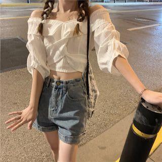 Puff-sleeve Twisted Crop Blouse White - One Size
