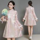 Long-sleeve Floral Print Mini Cheongsam Dress