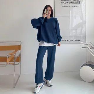Set: Drawstring-hem Ribbed Top + Jogger Pants