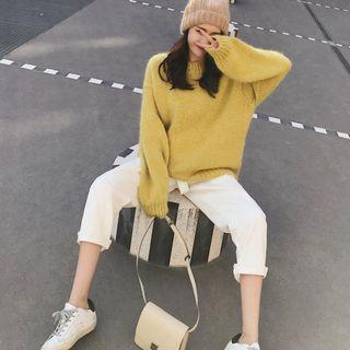 Set: Furry Sweater + Straight-leg Jeans