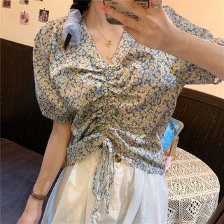 Short-sleeve Floral Print Drawcord Top / A-line Midi Skirt