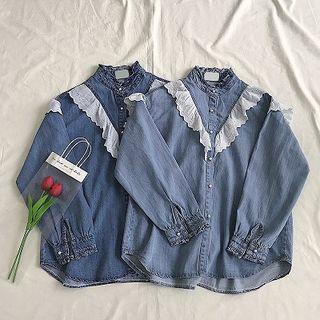 Lace Long-sleeve Loose-fit Denim Shirt