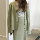 Set: V-neck Cardigan + Knit Straight-fit Skirt