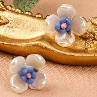 3d Flower Ear Stud 1 Pair - Blue & White - One Size