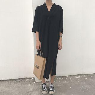 Elbow-sleeve Plain Shirt Dress