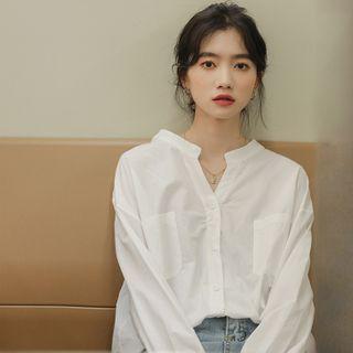 Plain Double-pocket Long-sleeve Blouse White - One Size