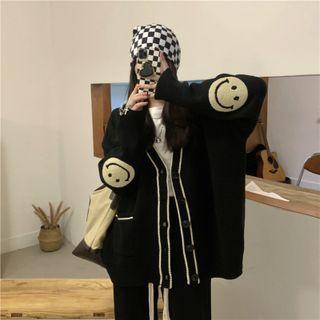 Smiley Face Embroidered Cardigan Black - One Size