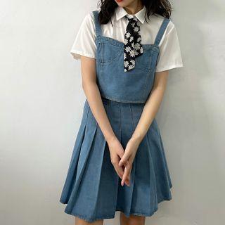 Short-sleeve Tie Neck Shirt / Spaghetti Strap Denim Top / Mini A-line Skirt / Set