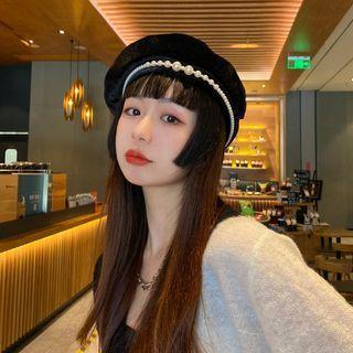 Faux Pearl Velvet Beret Hat Black - One Size