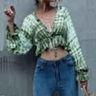 Bell-sleeve V-neck Tie-dyed Cropped Blouse
