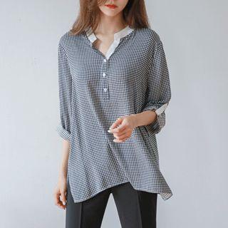 Mandarin-collar Tab-sleeve Gingham Blouse