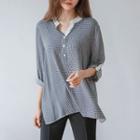 Mandarin-collar Tab-sleeve Gingham Blouse