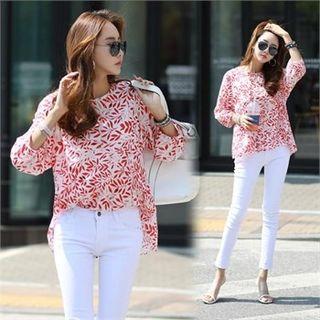 Foliage Pattern Oversized Top Red - One Size