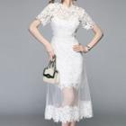 Mesh Panel Short-sleeve Crochet Lace Dress