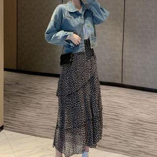 Plain Crewneck Short-sleeve Top / Single-breasted Long-sleeve Denim Jacket / Polka Dot High-waist Skirt
