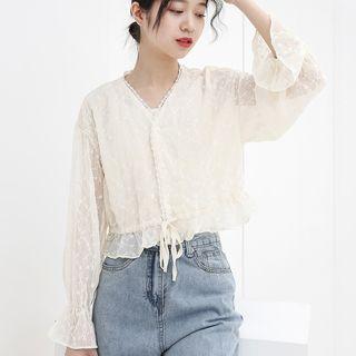 Long-sleeve Embroidered Floral Lace Trim Buttoned Top