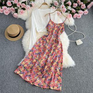 Set : Cardigan + Suspender Floral Dress