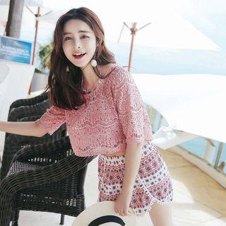 Set: Patterned Tankini Top + Swim Bottom + Swim Shorts + Lace Cover-up