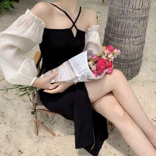 Cold-shoulder Two-tone Midi Bodycon Dress