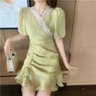Puff-sleeve Drawstring Lace Trim A-line Dress