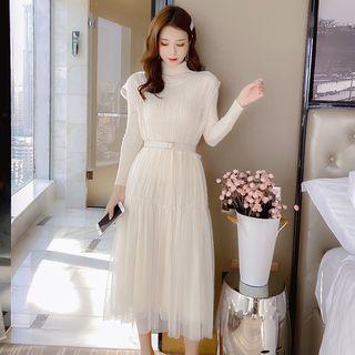 Set: Turtleneck Plain Knit Top + Sleeveless Mesh Dress