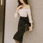 Off-shoulder Color Block Long-sleeve Sheath Dress