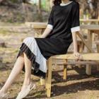 Chiffon-pleated Plain / Stripe Midi Knit Dress