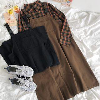 Long-sleeve Plaid Shirt / Snap Buckle Midi A-line Overall Dress