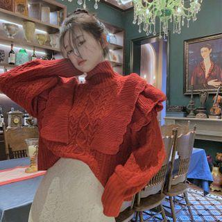 Mock-neck Ruffled Sweater Red - One Size