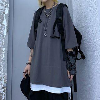 Mock Two Piece Color Block Elbow Sleeve T-shirt