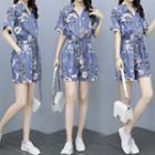 Short-sleeve Floral Print Denim Playsuit