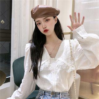 Puff-sleeve Peter Pan Collar Lace Trim Blouse