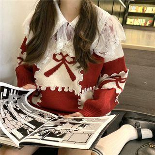 Long-sleeve Color-block Bow Printed Knit Sweater / Long-sleeve Lace Trim Shirt