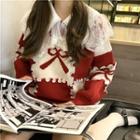 Long-sleeve Color-block Bow Printed Knit Sweater / Long-sleeve Lace Trim Shirt