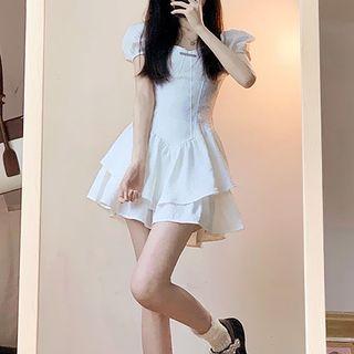 Set: Puff-sleeve Mini A-line Dress + Shorts