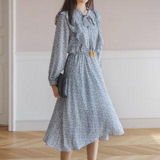 Tassel-neck Frilled Floral Chiffon Dress