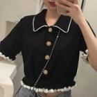 Short-sleeve Collared Knit Crop Top Black - One Size