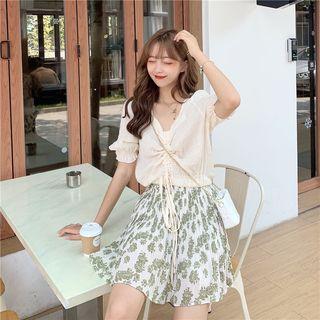Ruched Front Chiffon Top / Floral Mushroom Pleated Mini Skirt