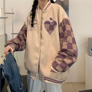 Checker Print Panel Baseball Jacket