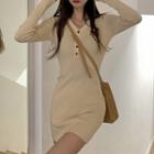 Long-sleeve V-neck Henley Knit Mini Sheath Dress Almond - One Size