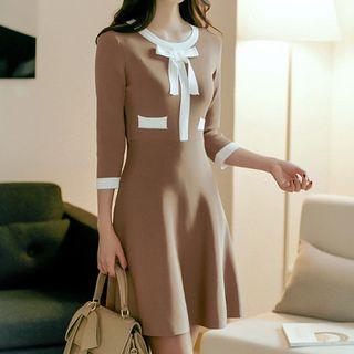3/4-sleeve Color Block Mini A-line Knit Dress Khaki - One Size