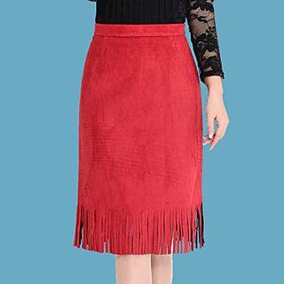 Faux-suede Fringe Hem Midi Skirt