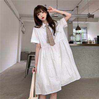 Short-sleeve Plain Midi Dress / Tie / Set